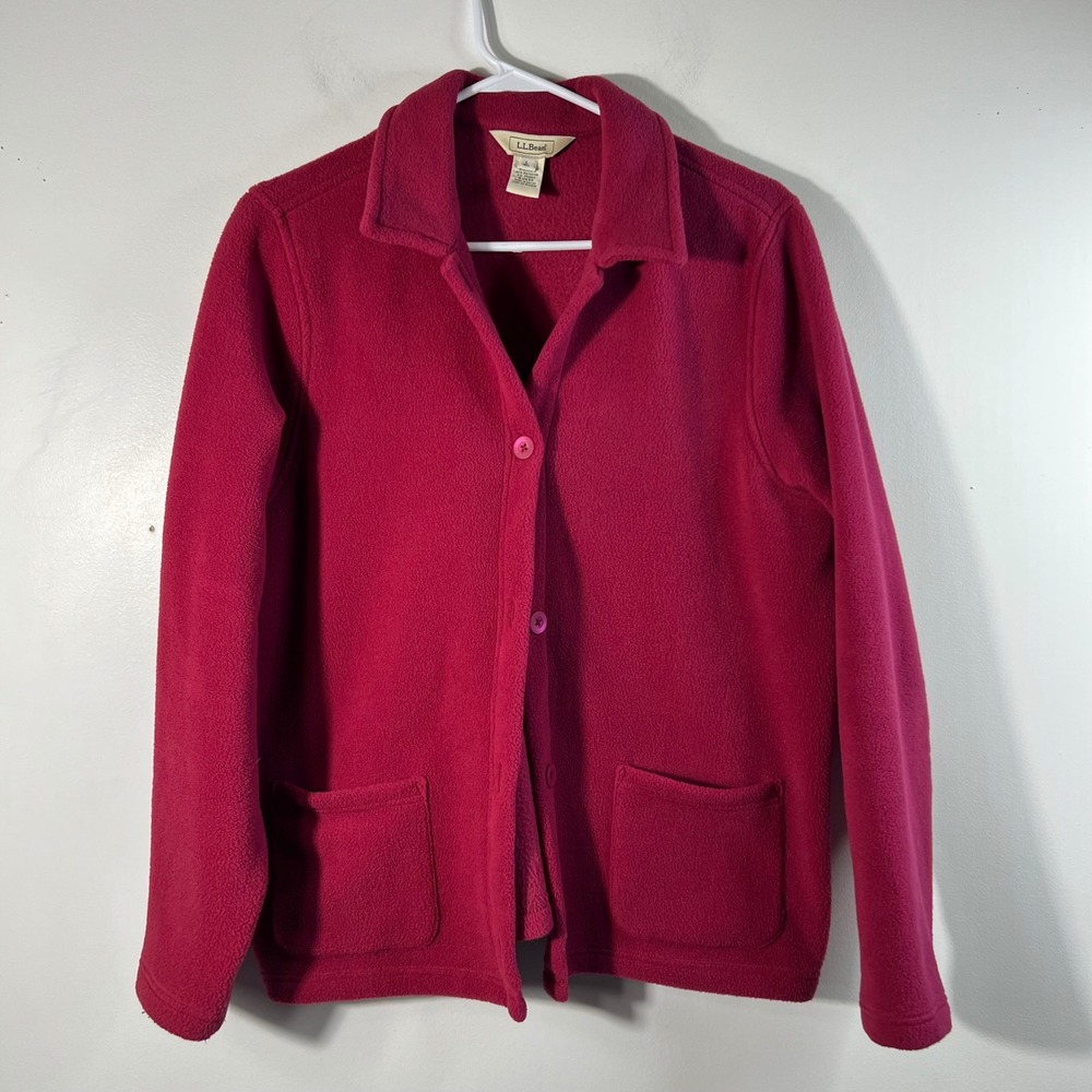 Womens Vintage  LL Bean Fleece CardiganJacket‎ Pockets L Reg Pink Magenta Button